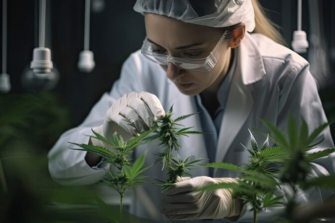 woman-researcher-researching-medical-marijuana-laboratory-marijuana-plants-around-marijuana-leaf-foreground-generative-ai-min